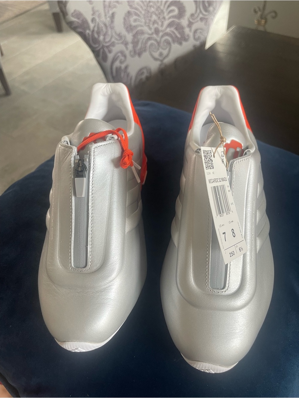 Men's Silver Athletic Sneakers with Orange Accent